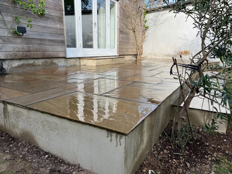 Sandstone patio completed by PC Landscaping in South Devon