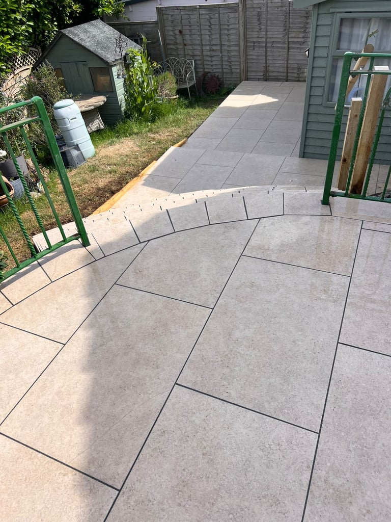 Porcelain patio during installation by PC Landscaping in South Devon