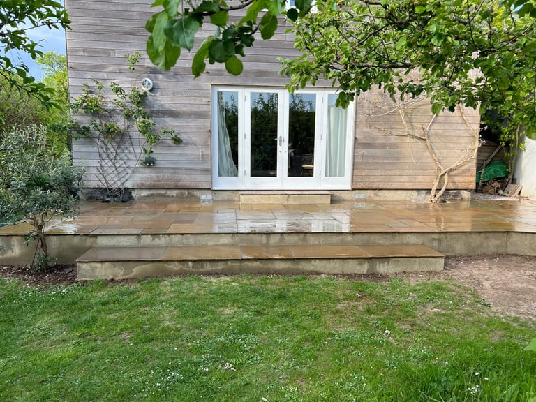 Sandstone patio completed by PC Landscaping in South Devon