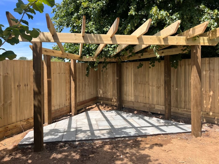 Timber pergola completed by PC Landscaping in South Devon