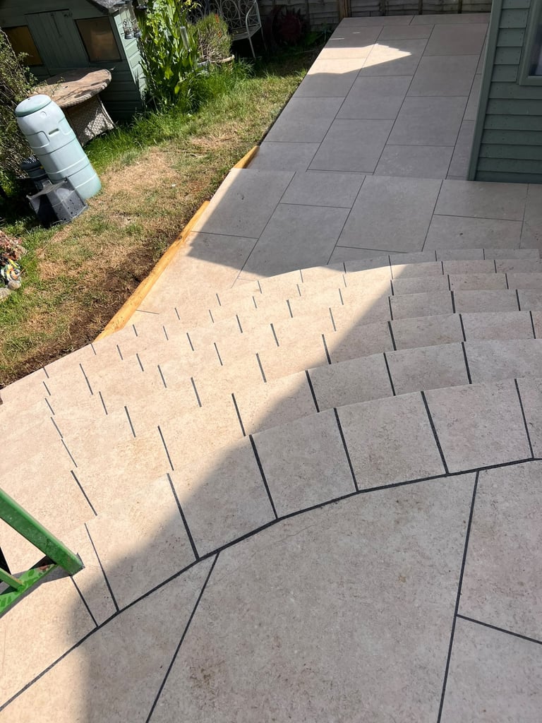 Porcelain patio during installation by PC Landscaping in South Devon